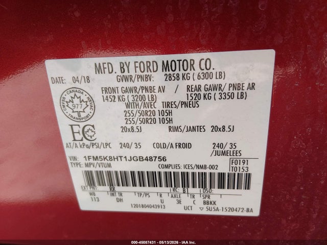 Продажа на аукционе авто 2018 Ford Explorer Platinum, vin: 1FM5K8HT1JGB48756, номер лота: 45087431