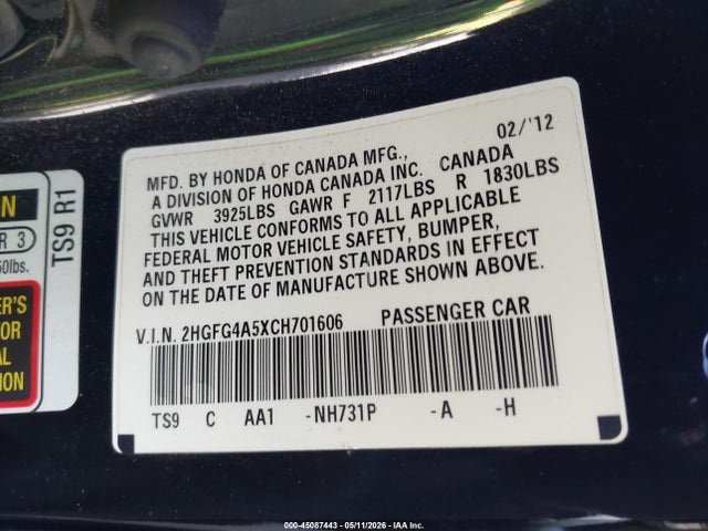 Aukcja sprzedaży 2012 Honda Civic Si, vin: 2HGFG4A5XCH701606, numer aukcji: 45087443