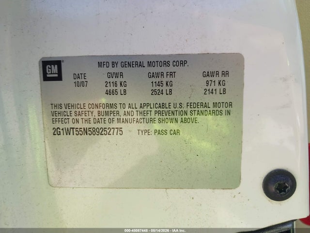 45087448 :رقم المزاد ، 2G1WT55N589252775 vin ، 2008 Chevrolet Impala Lt مزاد بيع