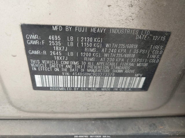 45087453 :رقم المزاد ، 4S4BSBNC9G3273279 vin ، 2016 Subaru Outback 2.5i Limited مزاد بيع
