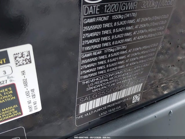 45087455 :رقم المزاد ، SALGS5SE0MA430148 vin ، 2021 Land Rover Range Rover P525 Westminster مزاد بيع