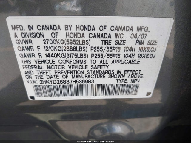 Продажа на аукционе авто 2007 Acura Mdx Sport Package, vin: 2HNYD28887H536983, номер лота: 45087463