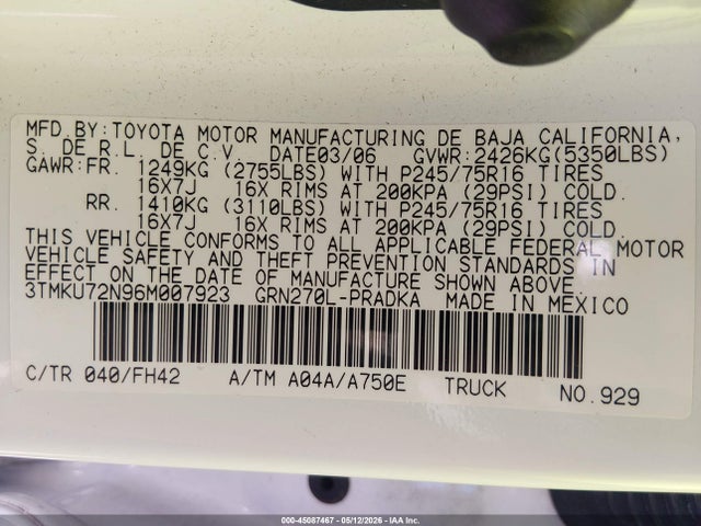 Aukcja sprzedaży 2006 Toyota Tacoma Prerunner V6, vin: 3TMKU72N96M007923, numer aukcji: 45087467