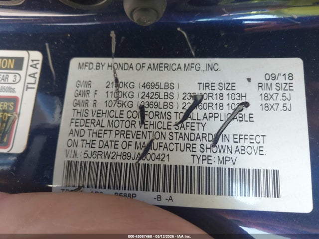 45087468 :رقم المزاد ، 5J6RW2H89JA000421 vin ، 2018 Honda Cr-v Ex-l/ex-l Navi مزاد بيع