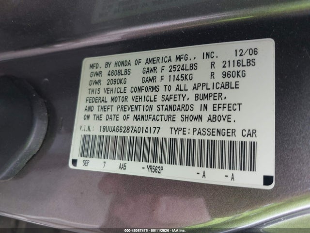 Продаж на аукціоні авто 2007 Acura Tl 3.2, vin: 19UUA66287A014177, номер лоту: 45087475