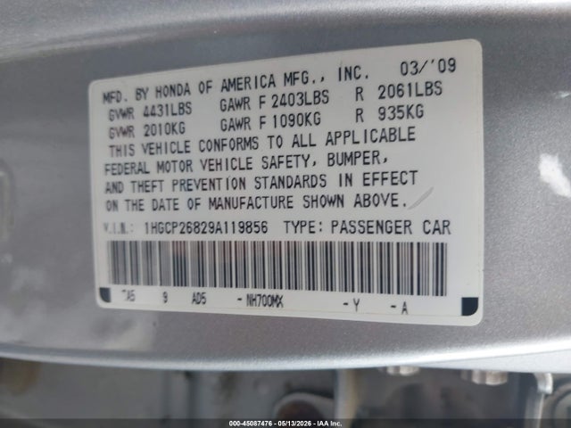 Продаж на аукціоні авто 2009 Honda Accord 2.4 Ex-l, vin: 1HGCP26829A119856, номер лоту: 45087476