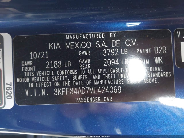 Aukcja sprzedaży 2021 Kia Forte Gt-line, vin: 3KPF34AD7ME424069, numer aukcji: 45087482