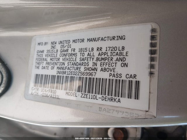 Продажа на аукционе авто 2002 Toyota Corolla Ce, vin: 1NXBR12E02Z569967, номер лота: 45087486