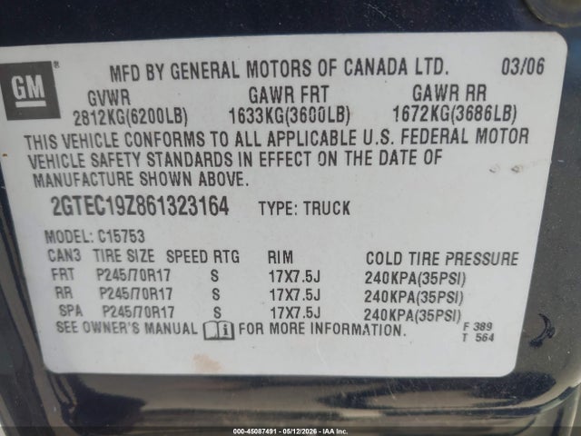 45087491 :رقم المزاد ، 2GTEC19Z861323164 vin ، 2006 Gmc Sierra 1500 Sle2 مزاد بيع