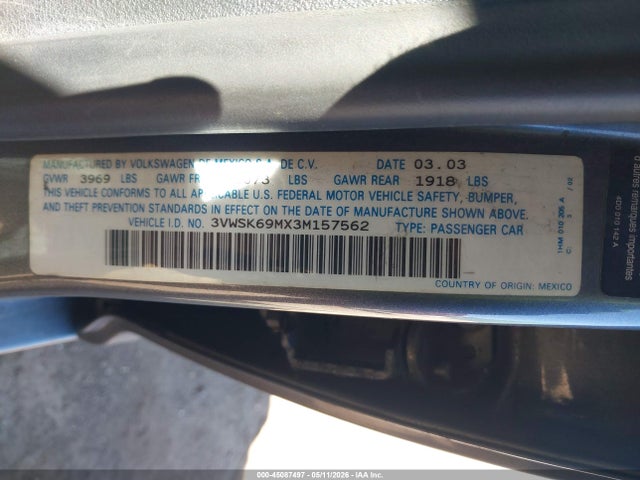 Aukcja sprzedaży 2003 Volkswagen Jetta Gls 2.0l, vin: 3VWSK69MX3M157562, numer aukcji: 45087497