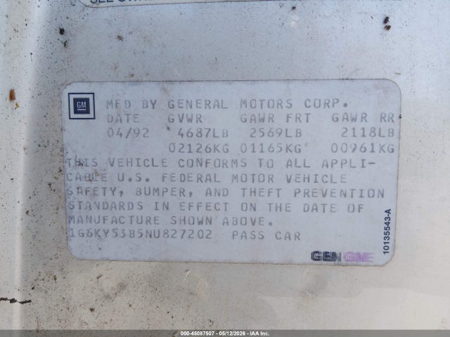 Aukcja sprzedaży 1992 Cadillac Seville Touring, vin: 1G6KY53B5NU827202, numer aukcji: 45087507