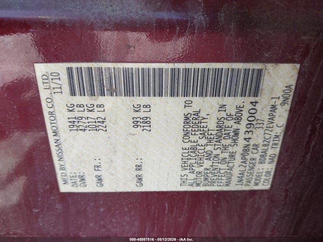 2011 Nissan Altima 2.5 S მანქანა იყიდება აუქციონზე, vin: 1N4AL2AP0BN439004, აუქციონის ნომერი: 45087516