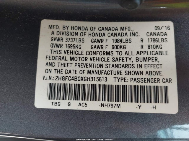 Aukcja sprzedaży 2016 Honda Civic Lx-p, vin: 2HGFC4B0XGH315613, numer aukcji: 45087529