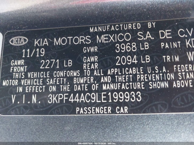 2020 Kia Forte Gt მანქანა იყიდება აუქციონზე, vin: 3KPF44AC9LE199933, აუქციონის ნომერი: 45087534