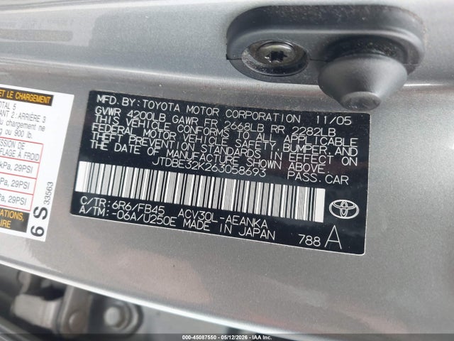 2006 Toyota Camry Le მანქანა იყიდება აუქციონზე, vin: JTDBE32K263058693, აუქციონის ნომერი: 45087550