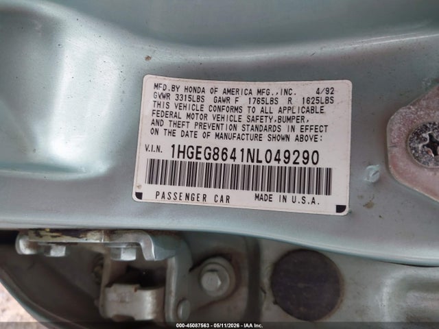 1992 Honda Civic Dx მანქანა იყიდება აუქციონზე, vin: 1HGEG8641NL049290, აუქციონის ნომერი: 45087563