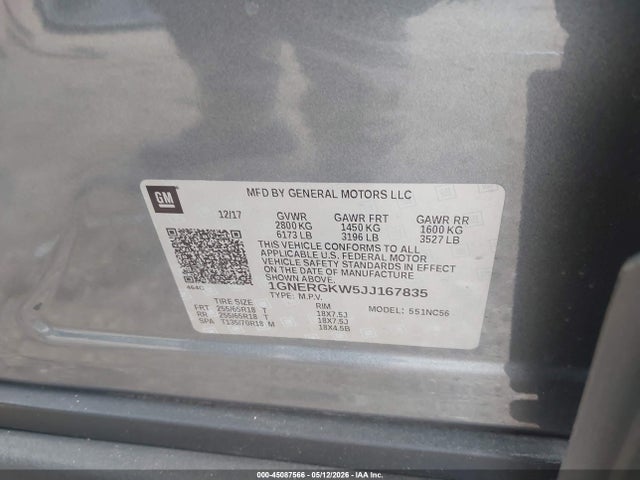 Aukcja sprzedaży 2018 Chevrolet Traverse 1lt, vin: 1GNERGKW5JJ167835, numer aukcji: 45087566