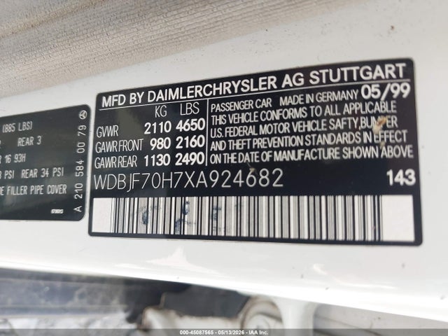1999 Mercedes-benz E 430 მანქანა იყიდება აუქციონზე, vin: WDBJF70H7XA924682, აუქციონის ნომერი: 45087565