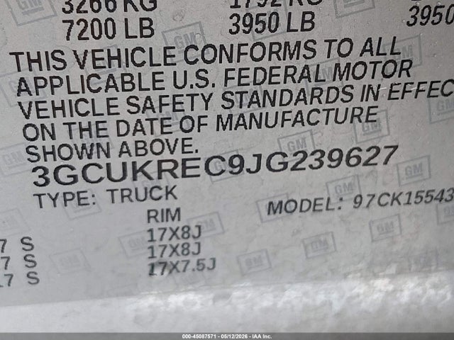 Aukcja sprzedaży 2018 Chevrolet Silverado 1500 1lt, vin: 3GCUKREC9JG239627, numer aukcji: 45087571