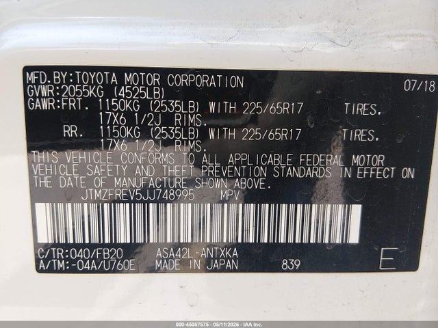 Продаж на аукціоні авто 2018 Toyota Rav4 Le, vin: JTMZFREV5JJ748995, номер лоту: 45087575
