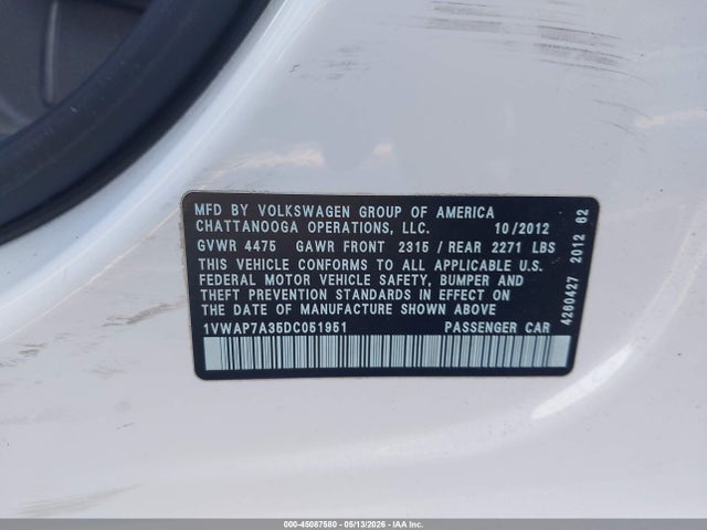 Продажа на аукционе авто 2013 Volkswagen Passat 2.5l S, vin: 1VWAP7A35DC051951, номер лота: 45087580