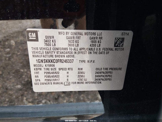 Aukcja sprzedaży 2015 Chevrolet Suburban 1500 Ltz, vin: 1GNSKKKC0FR246337, numer aukcji: 45087581