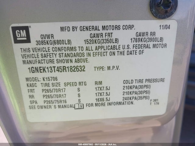 45087582 :رقم المزاد ، 1GNEK13T45R182632 vin ، 2005 Chevrolet Tahoe Z71 مزاد بيع