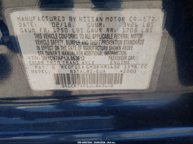 Aukcja sprzedaży 2018 Nissan Versa 1.6 Sv, vin: 3N1CN7AP1JL863612, numer aukcji: 45087584