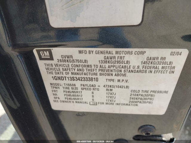 Продаж на аукціоні авто 2004 Chevrolet Trailblazer Lt, vin: 1GNDT13S342333810, номер лоту: 45087586