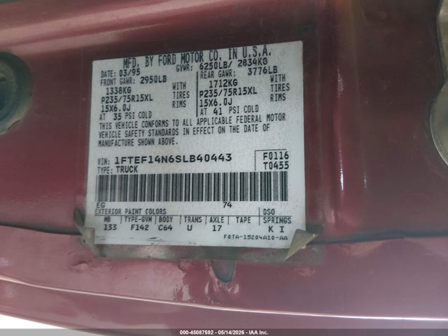 Auction sale of the 1995 Ford F150, vin: 1FTEF14N6SLB40443, lot number: 45087592