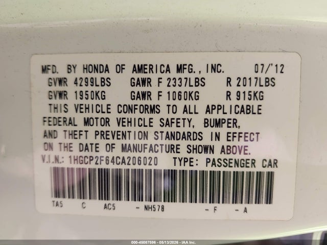 Aukcja sprzedaży 2012 Honda Accord 2.4 Se, vin: 1HGCP2F64CA206020, numer aukcji: 45087596