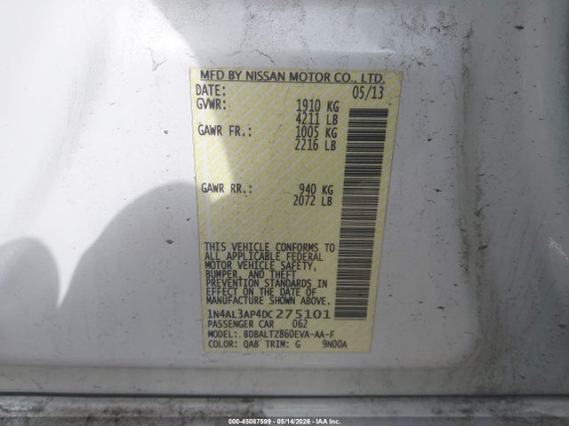45087599 :رقم المزاد ، 1N4AL3AP4DC275101 vin ، 2013 Nissan Altima 2.5 Sv مزاد بيع