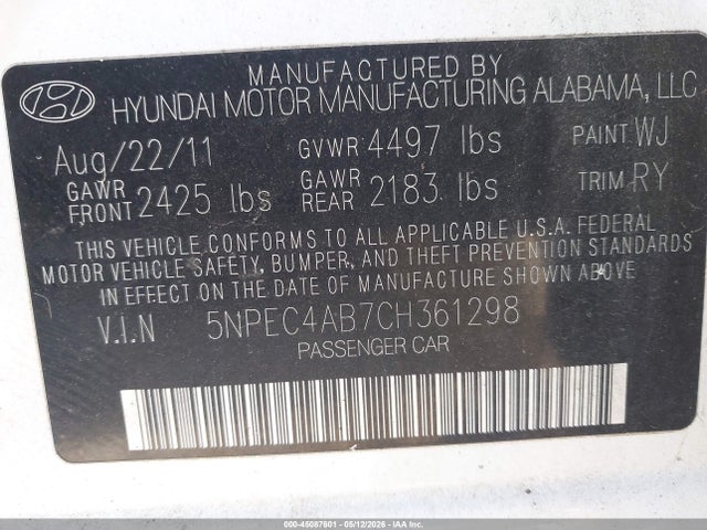 2012 Hyundai Sonata Se 2.0t მანქანა იყიდება აუქციონზე, vin: 5NPEC4AB7CH361298, აუქციონის ნომერი: 45087601