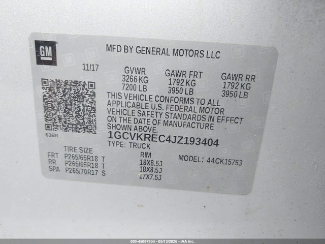 45087604 :رقم المزاد ، 1GCVKREC4JZ193404 vin ، 2018 Chevrolet Silverado 1500 1lt مزاد بيع