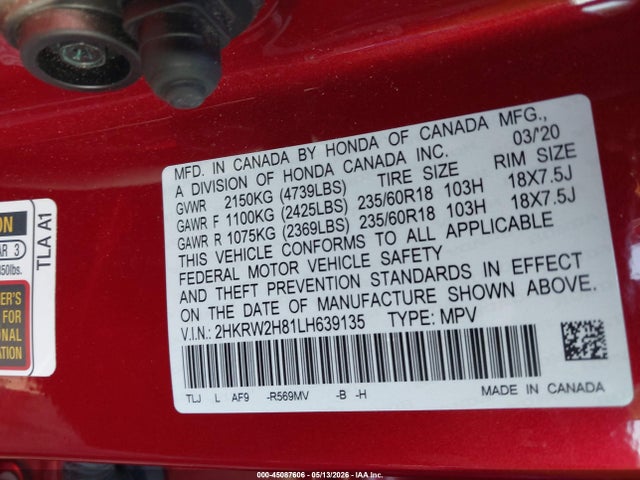 Auction sale of the 2020 Honda Cr-v Awd Ex-l, vin: 2HKRW2H81LH639135, lot number: 45087606