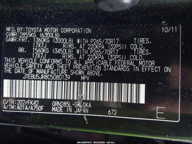 Продажа на аукционе авто 2012 Toyota 4runner Sr5, vin: JTEBU5JR8C5080139, номер лота: 45087619