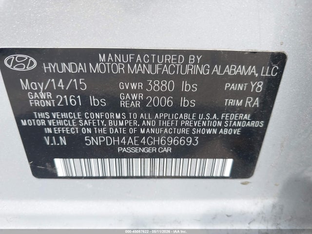 45087622 :رقم المزاد ، 5NPDH4AE4GH696693 vin ، 2016 Hyundai Elantra Se مزاد بيع