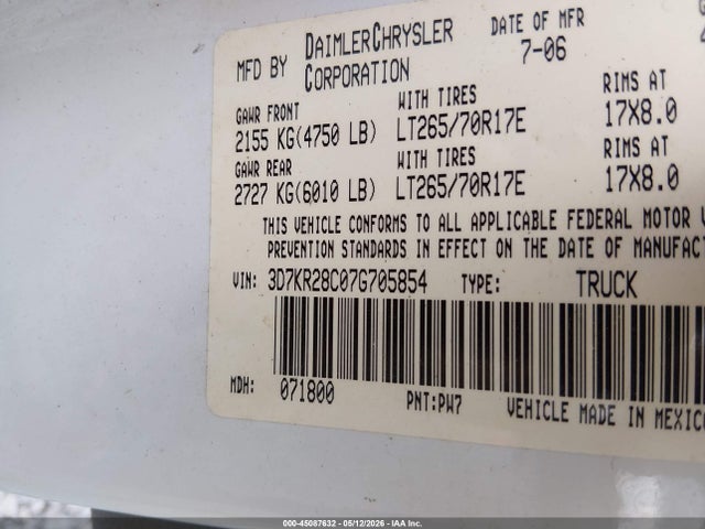 Aukcja sprzedaży 2007 Dodge Ram 2500 Slt/sport, vin: 3D7KR28C07G705854, numer aukcji: 45087632