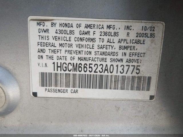2003 Honda Accord 3.0 Ex მანქანა იყიდება აუქციონზე, vin: 1HGCM66523A013775, აუქციონის ნომერი: 45087633