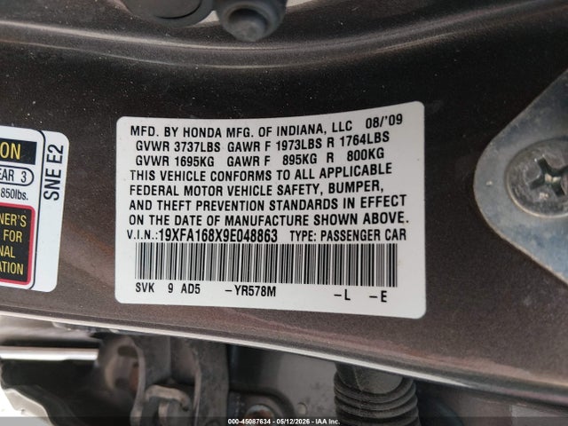 45087634 :رقم المزاد ، 19XFA168X9E048863 vin ، 2009 Honda Civic Ex مزاد بيع