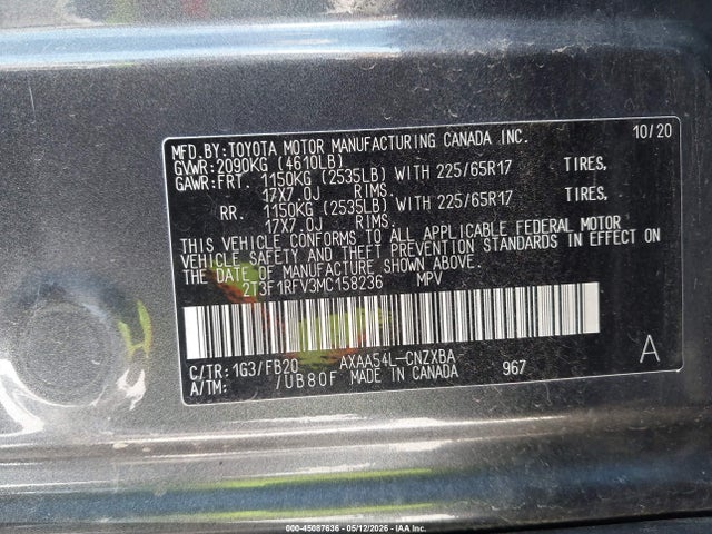 Aukcja sprzedaży 2021 Toyota Rav4 Le, vin: 2T3F1RFV3MC158236, numer aukcji: 45087636