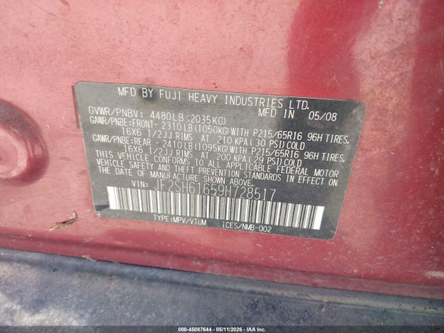 2009 Subaru Forester 2.5x მანქანა იყიდება აუქციონზე, vin: JF2SH61659H728517, აუქციონის ნომერი: 45087644