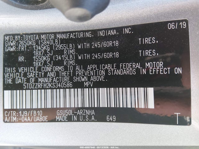 45087646 :رقم المزاد ، 5TDZZRFH2KS340586 vin ، 2019 Toyota Highlander Le مزاد بيع