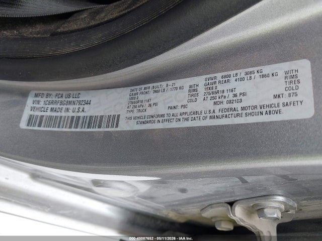 Продаж на аукціоні авто 2021 Ram 1500, vin: 1C6RRFBG8MN792344, номер лоту: 45087652