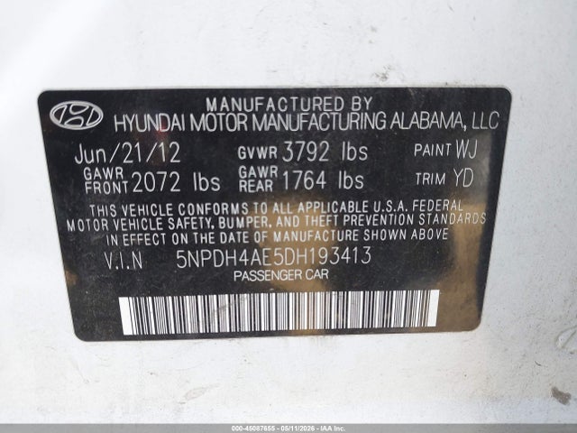 Продаж на аукціоні авто 2013 Hyundai Elantra Gls, vin: 5NPDH4AE5DH193413, номер лоту: 45087655