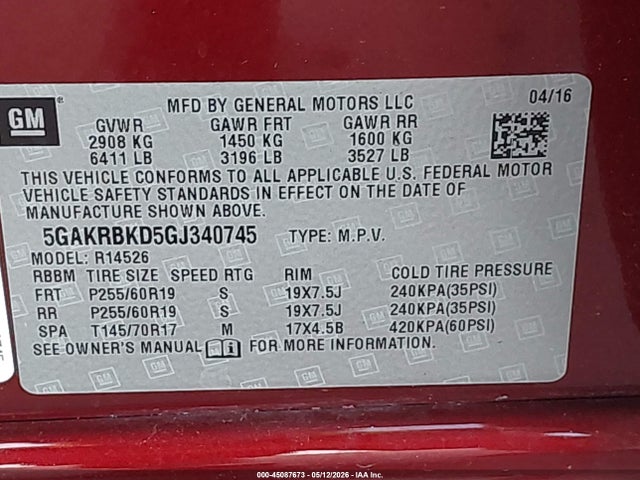 Продажа на аукционе авто 2016 Buick Enclave Leather, vin: 5GAKRBKD5GJ340745, номер лота: 45087673