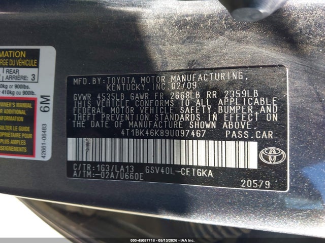 Aukcja sprzedaży 2009 Toyota Camry Xle V6, vin: 4T1BK46K89U097467, numer aukcji: 45087718