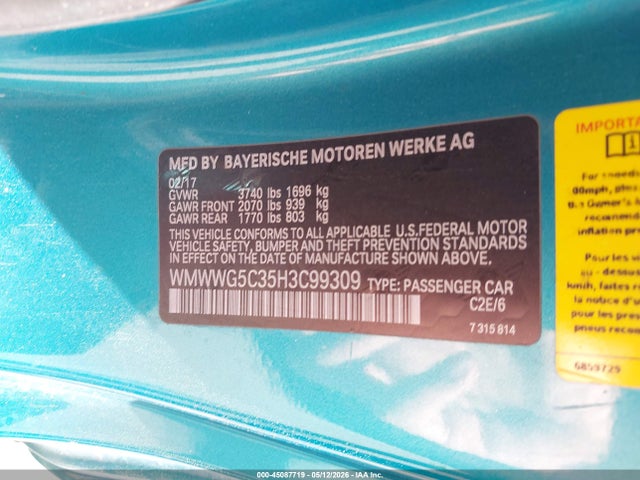 Aukcja sprzedaży 2017 Mini Convertible Cooper, vin: WMWWG5C35H3C99309, numer aukcji: 45087719