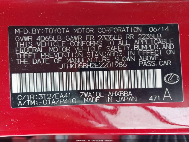 Продаж на аукціоні авто 2014 Lexus Ct 200h, vin: JTHKD5BH2E2201986, номер лоту: 45087723