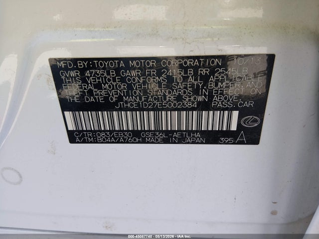 Aukcja sprzedaży 2014 Lexus Is 350, vin: JTHCE1D27E5002384, numer aukcji: 45087740